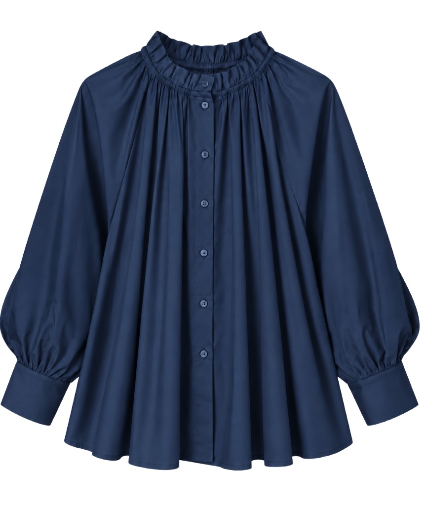 Bluse mit Rüschen-Stehkragen & fein gerafftem Pump Ärmel