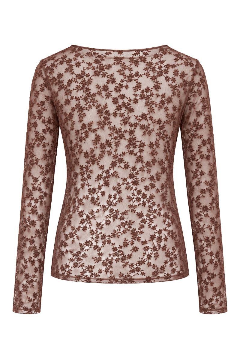 Leicht transparentes Mesh-Shirt mit Samt-Blumenmuster