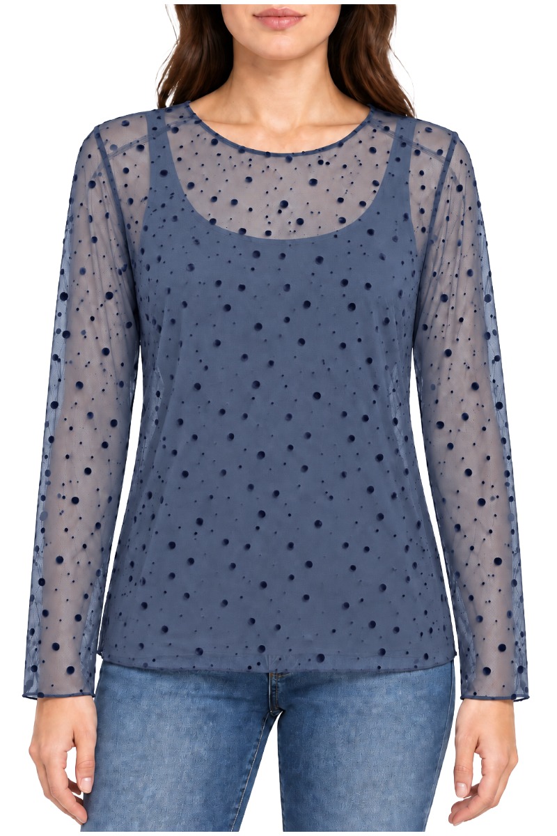 Leicht transparentes Mesh-Shirt mit Samt-Punkten