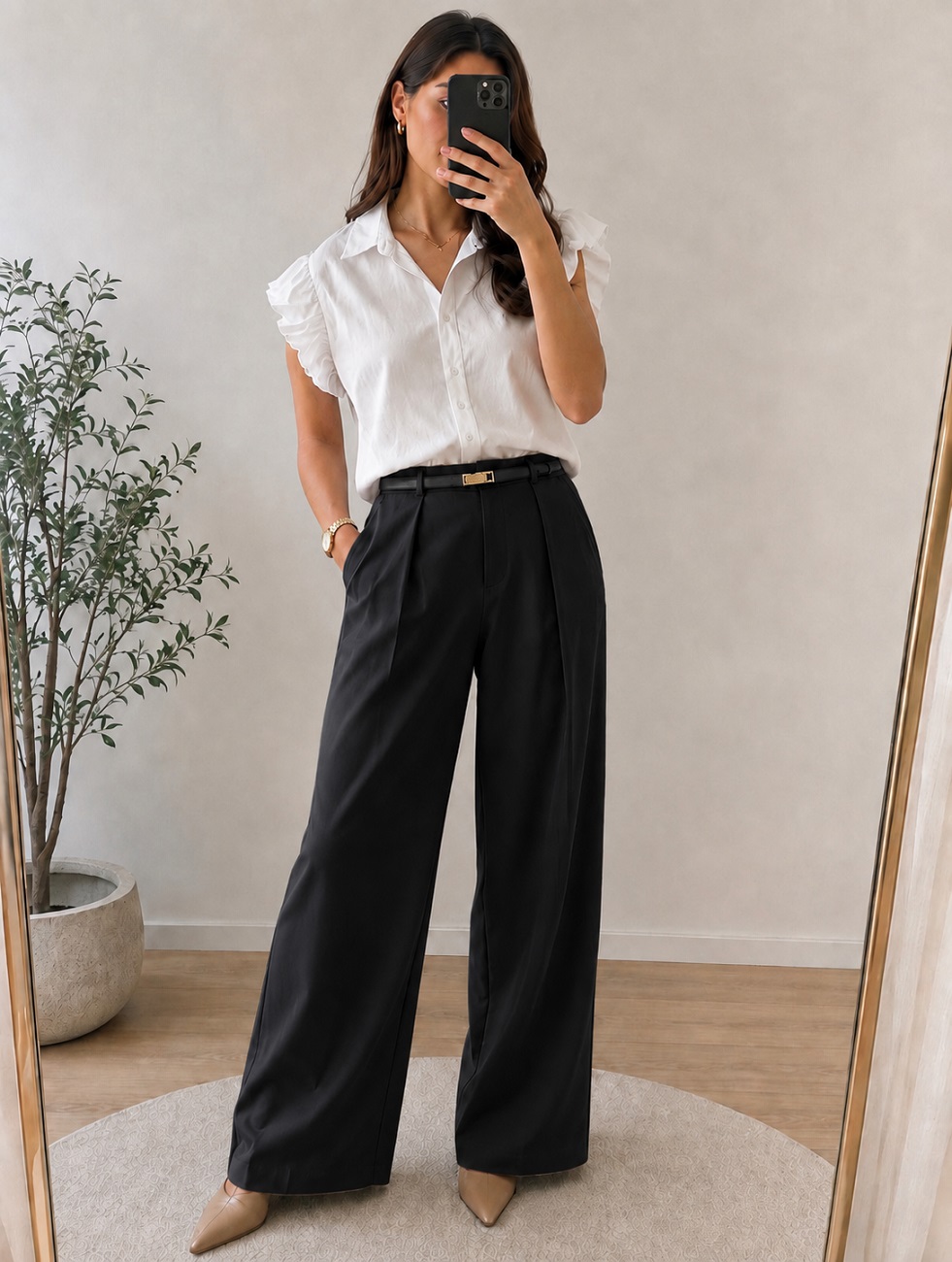 Weite Bundfaltenhose mit schmalem Gürtel