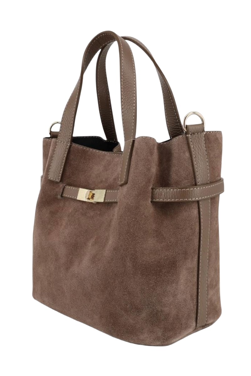 Wildleder Henkel-Tasche mit Drehverschluss & Lederriemen