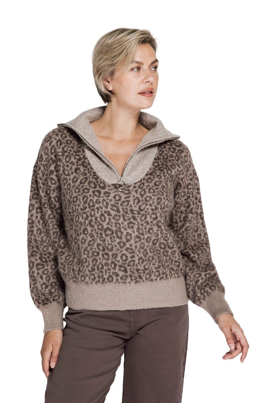 Zhrill Olina Strickpullover – Animal-Print mit Troyerkragen