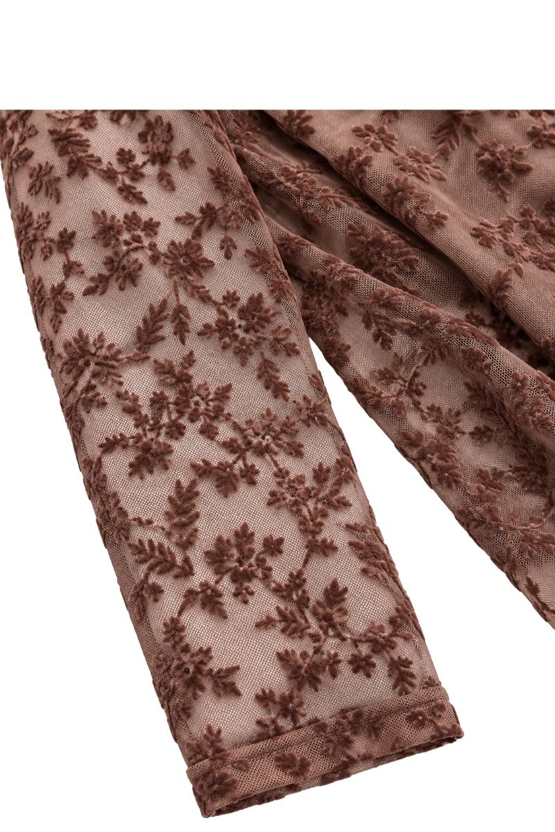 Leicht transparentes Mesh-Shirt mit Samt-Blumenmuster