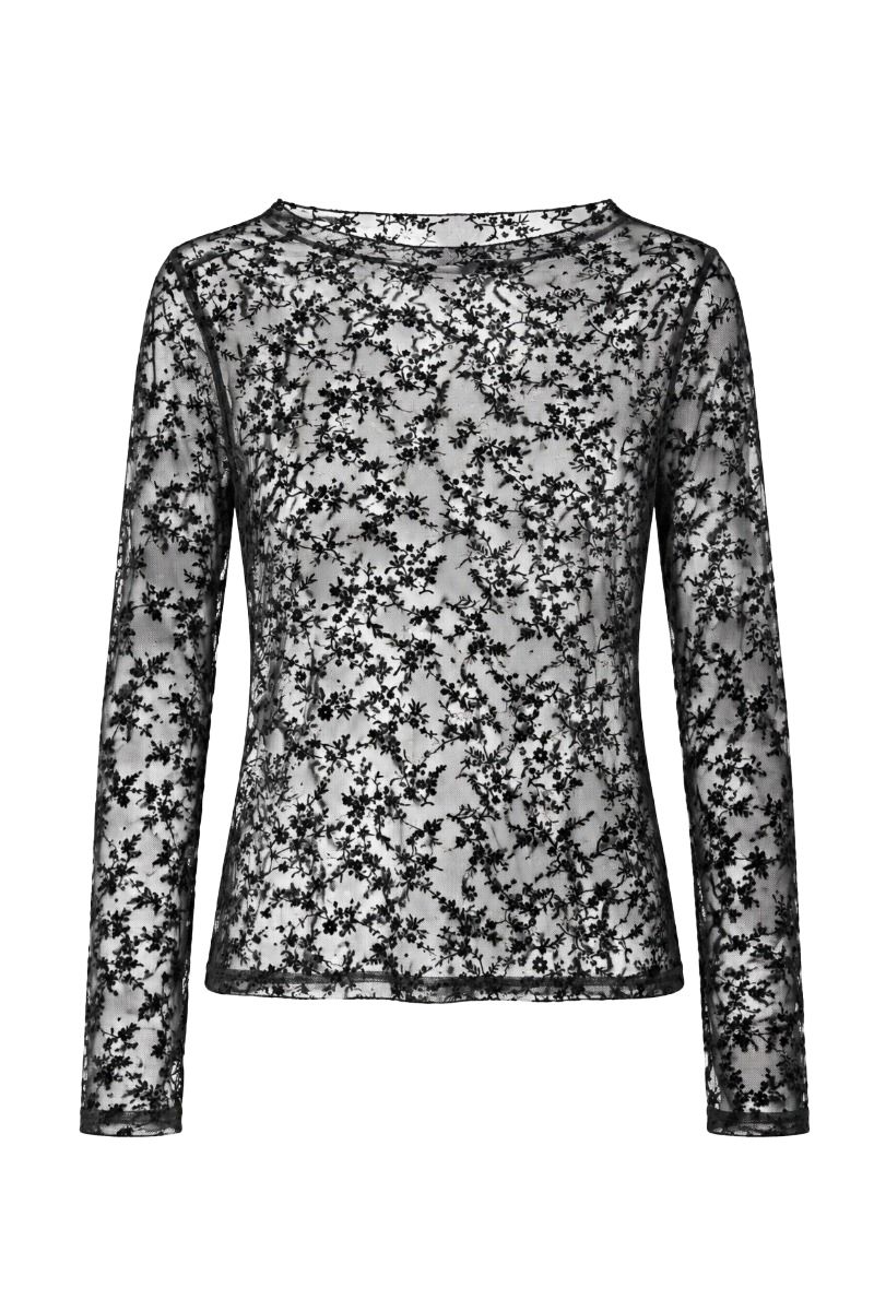 Leicht transparentes Mesh-Shirt mit Samt-Blumenmuster