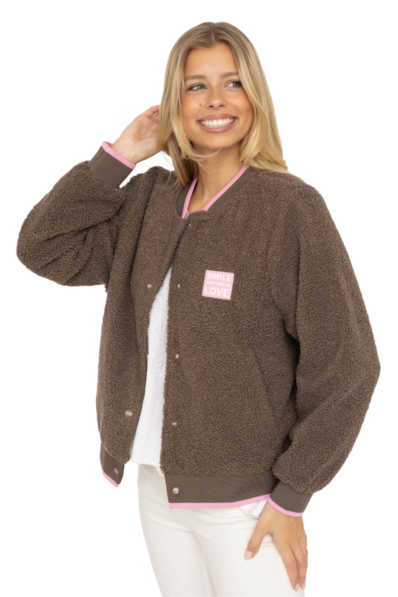 Zwillingherz Damen Teddy-Bomberjacke „Smile Happiness Love“