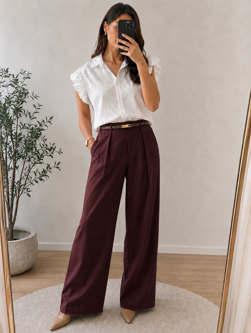Weite Bundfaltenhose mit schmalem Gürtel