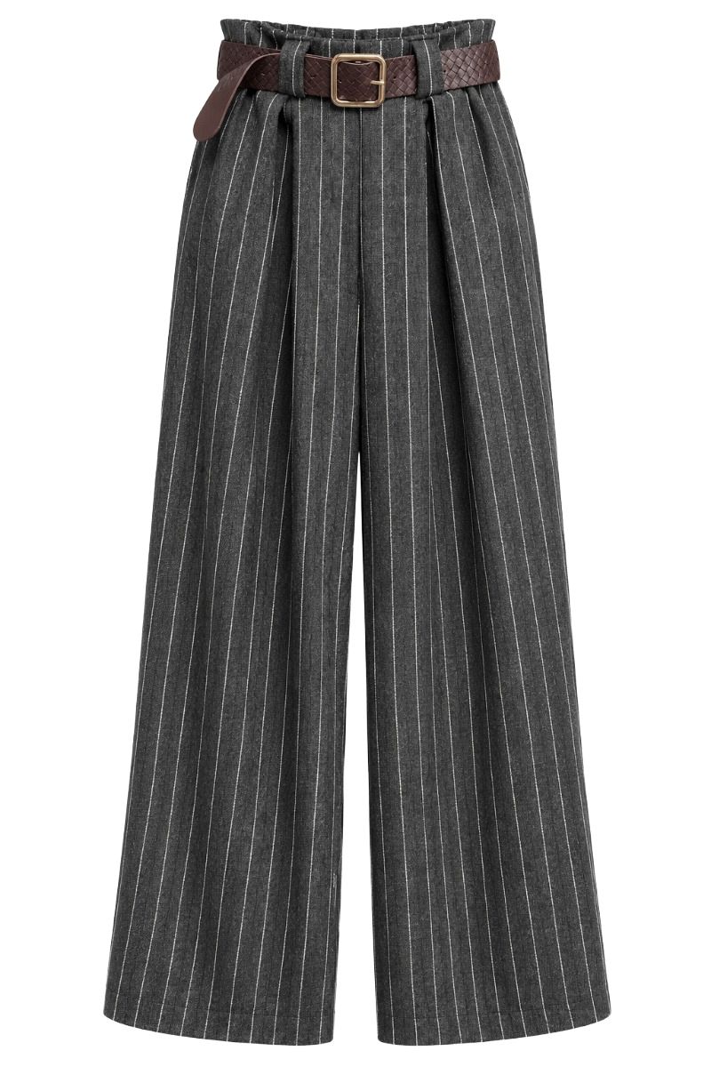 Weite Nadelstreifen-Faltenhose mit breitem Flechtgürtel