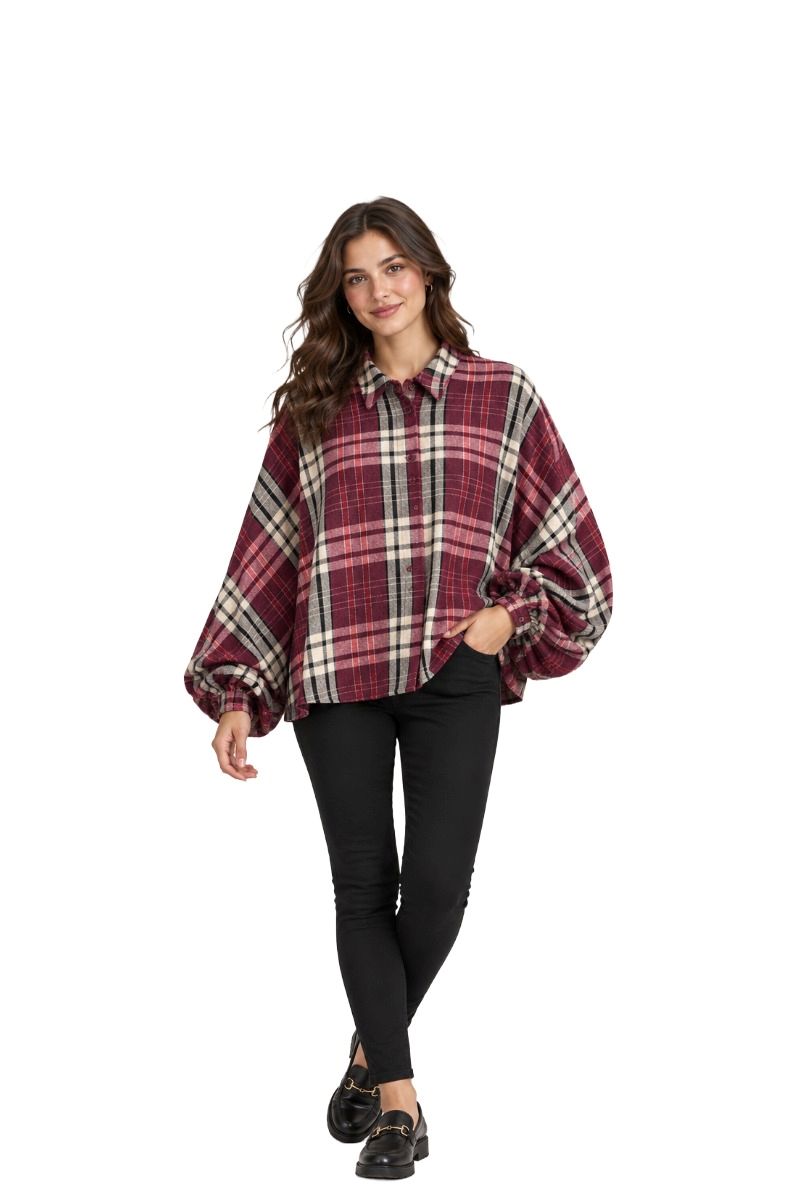 Karierte Oversized- Hemdbluse mit Puffärmel