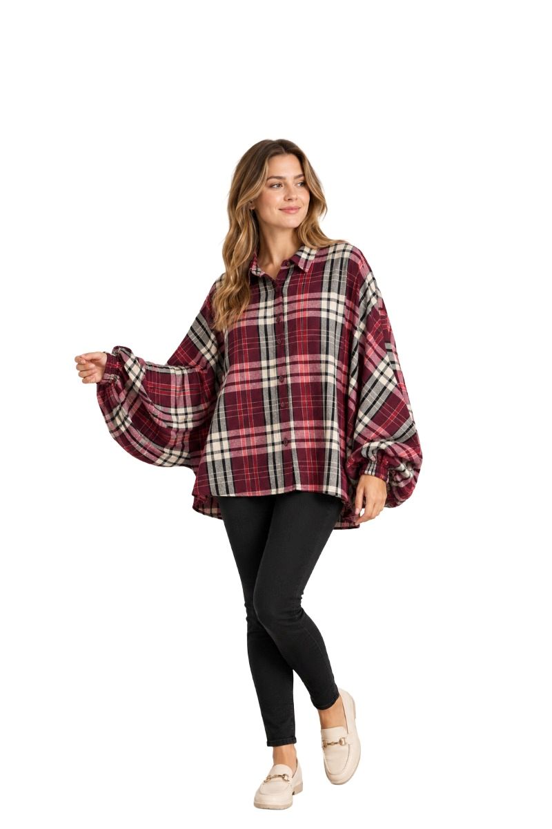Karierte Oversized- Hemdbluse mit Puffärmel