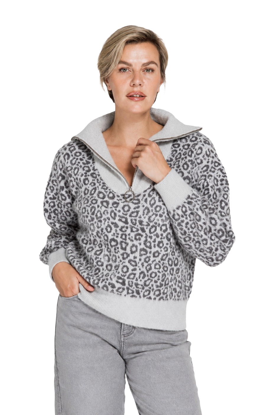 Zhrill Olina Strickpullover – Animal-Print mit Troyerkragen