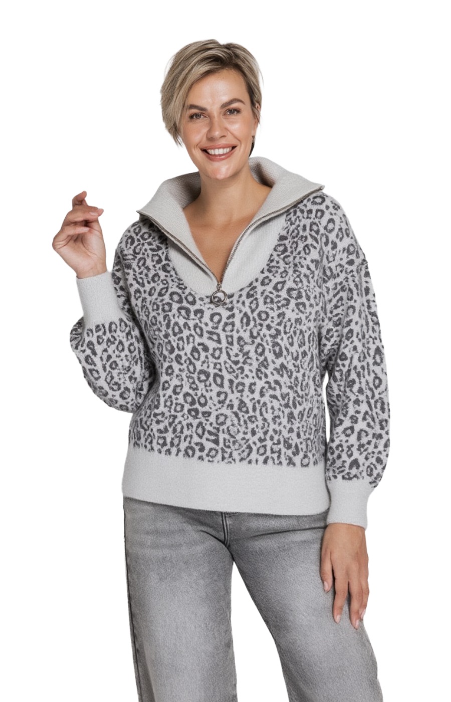 Zhrill Olina Strickpullover – Animal-Print mit Troyerkragen