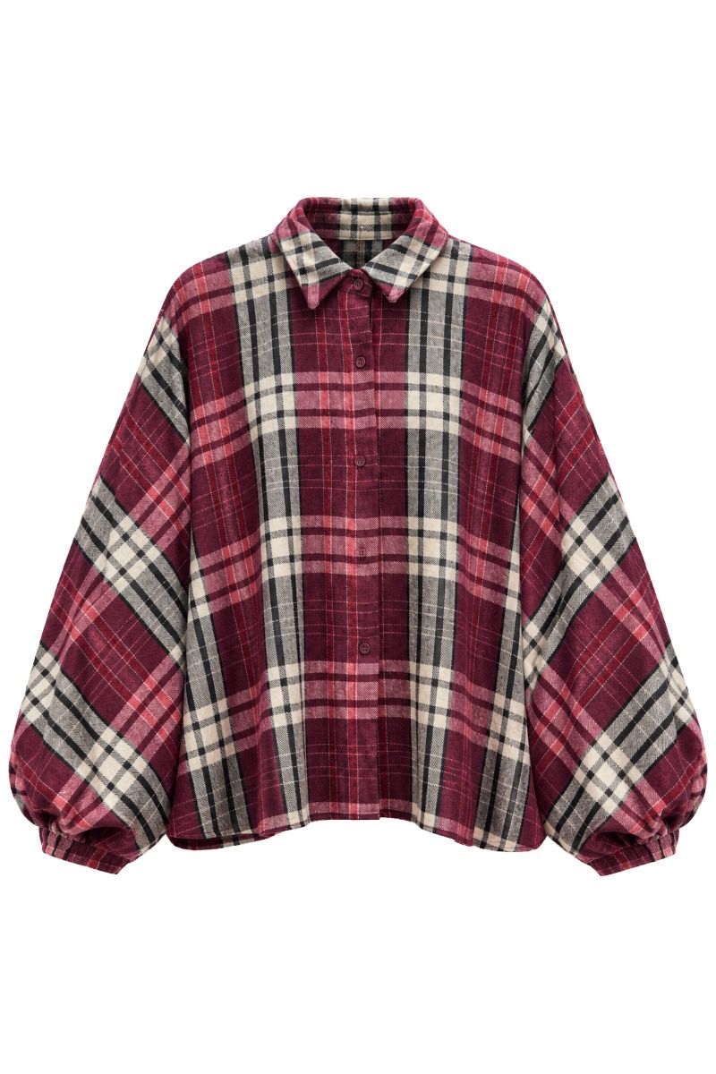 Karierte Oversized- Hemdbluse mit Puffärmel