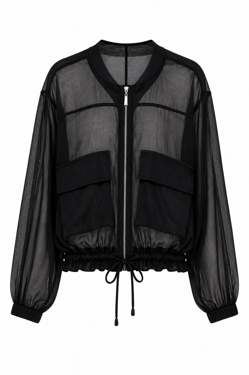 Transparente Blousonjacke Rundhals mit Taschen & Tunnelzug