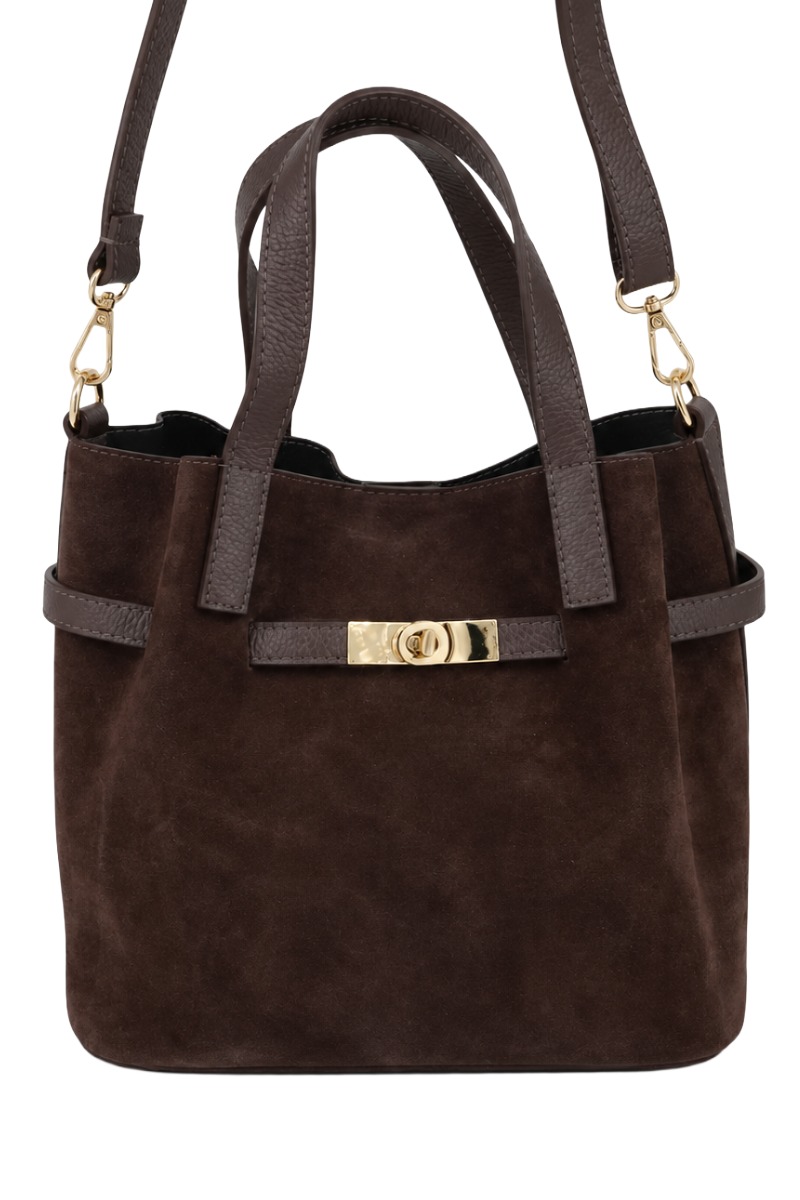 Wildleder Henkel-Tasche mit Drehverschluss & Lederriemen