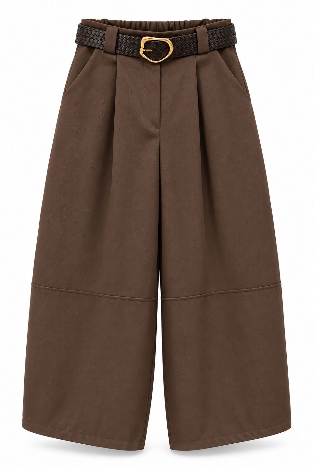 Weite Cropped-Hose mit Bundfalten und Flechtgürtel