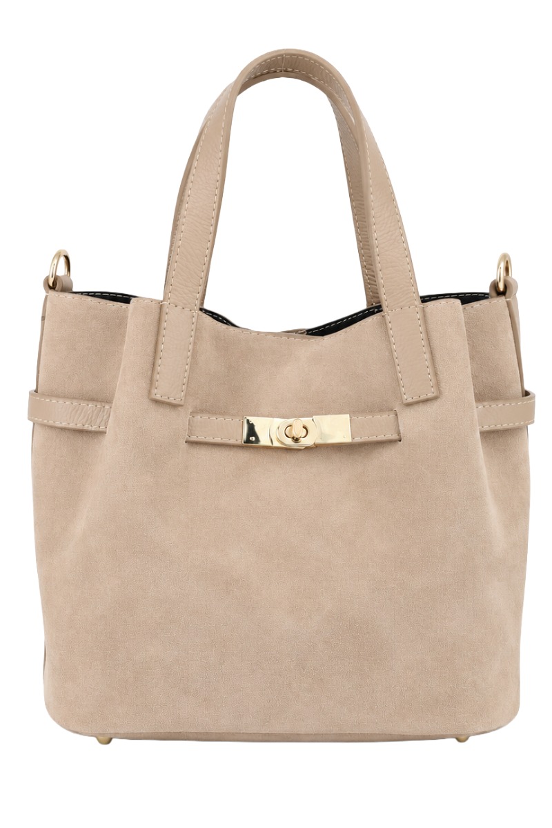 Wildleder Henkel-Tasche mit Drehverschluss & Lederriemen