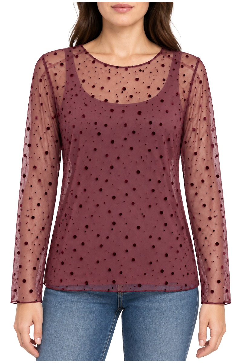 Leicht transparentes Mesh-Shirt mit Samt-Punkten