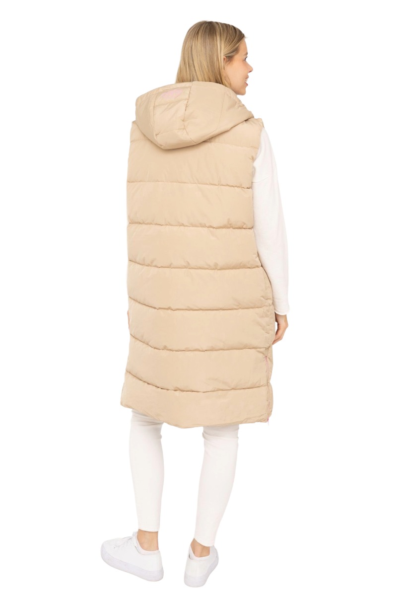 Zwillingherz Damen Long-Steppweste „Wild“ – Beige mit Leo-Details