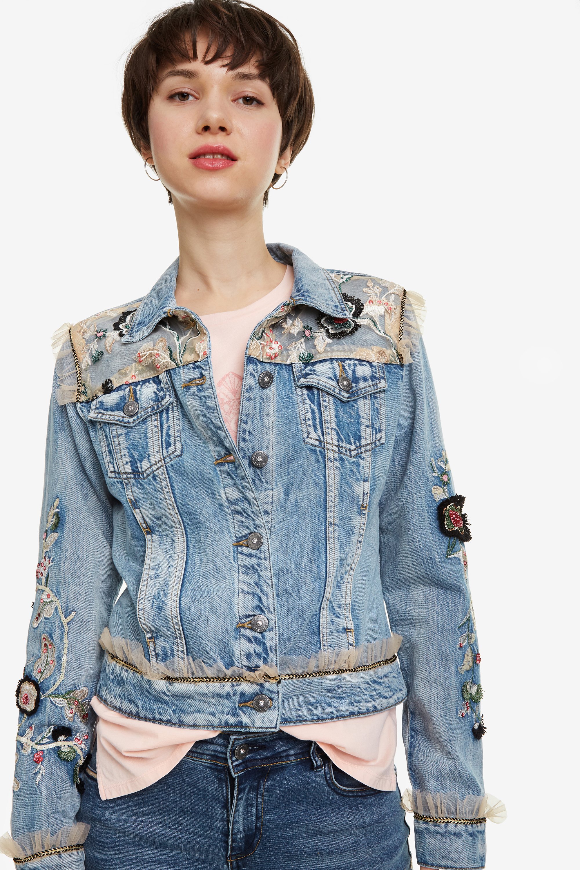 Desigual Flowers & Pearls Damen Jeans Jacke