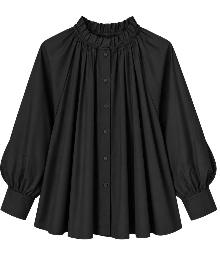 Bluse mit Rüschen-Stehkragen & fein gerafftem Pump Ärmel