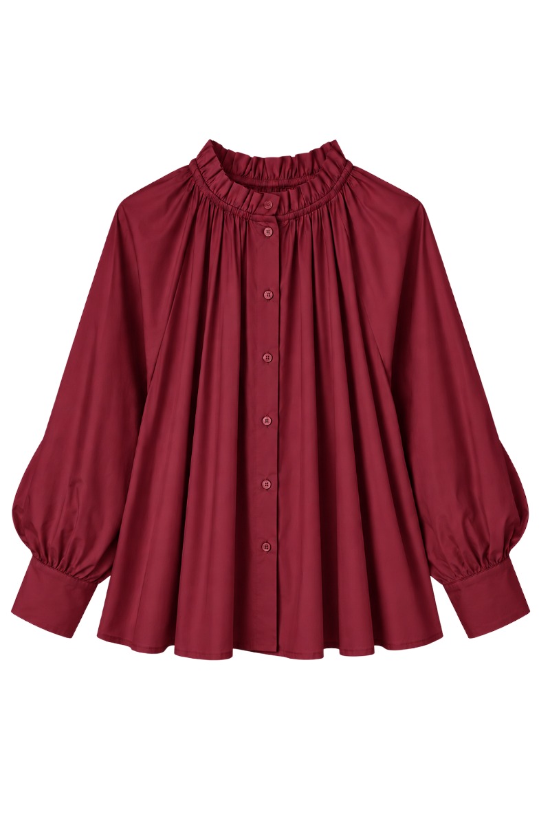 Bluse mit Rüschen-Stehkragen & fein gerafftem Pump Ärmel