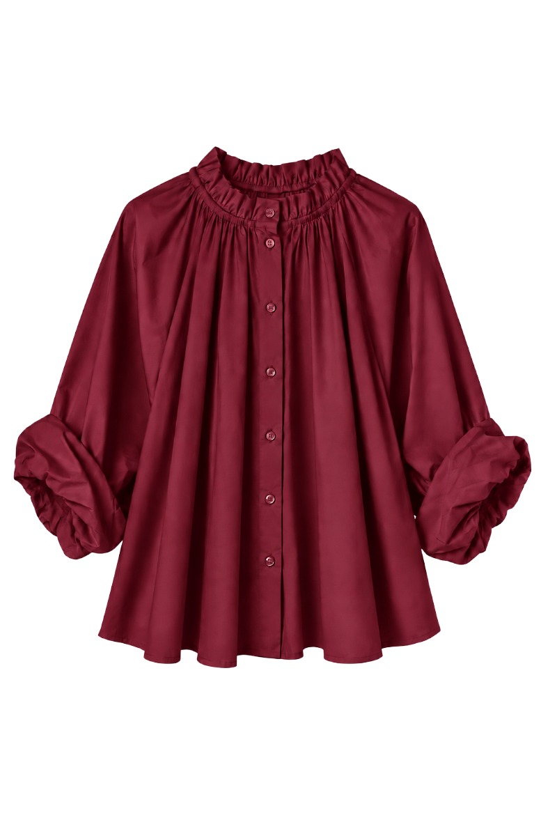 Bluse mit Rüschen-Stehkragen & fein gerafftem Pump Ärmel