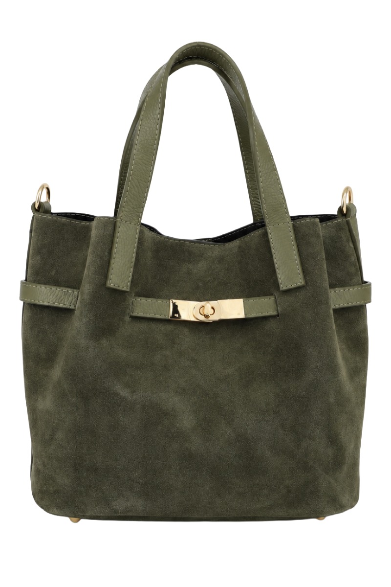 Wildleder Henkel-Tasche mit Drehverschluss & Lederriemen