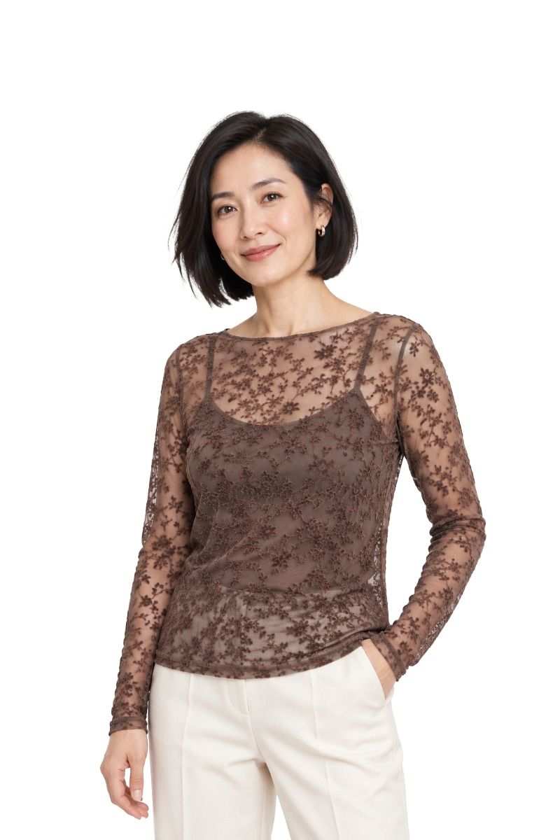 Leicht transparentes Mesh-Shirt mit Samt-Blumenmuster
