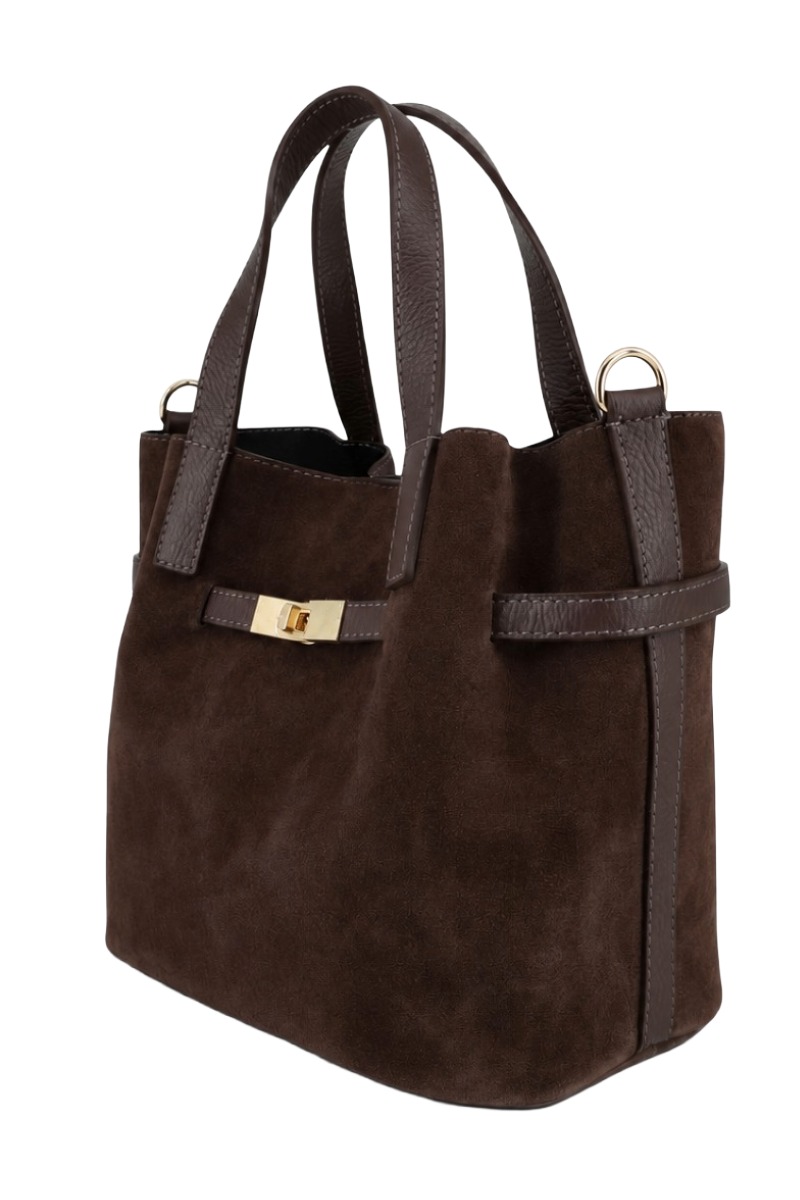 Wildleder Henkel-Tasche mit Drehverschluss & Lederriemen
