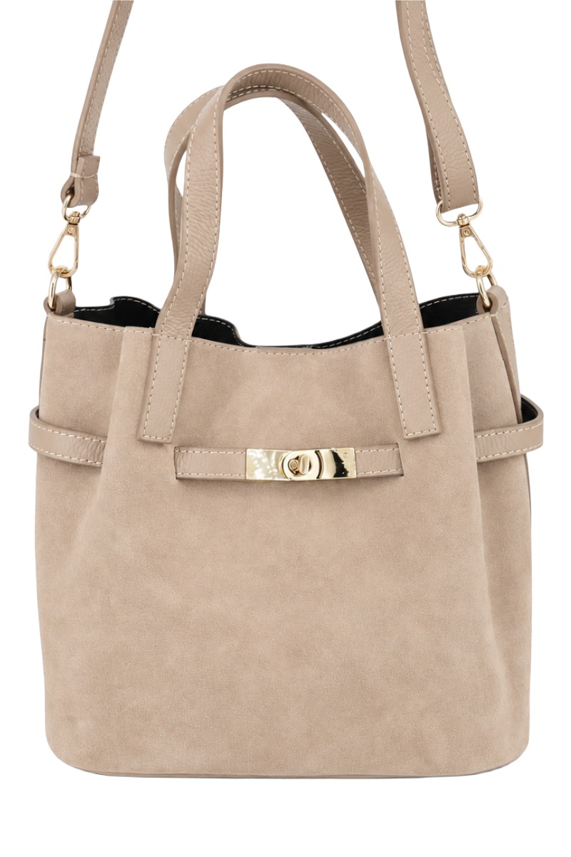 Wildleder Henkel-Tasche mit Drehverschluss & Lederriemen