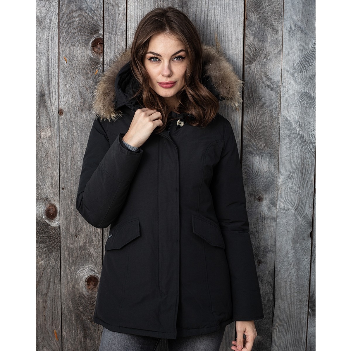Airforce 2 Pocket Herringbone Damen Jacke - schwarz mit natur Fellkragen