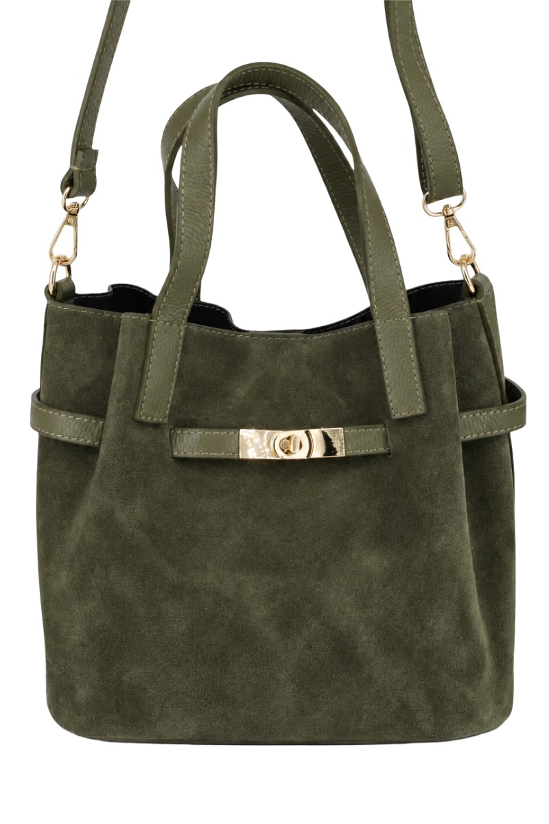Wildleder Henkel-Tasche mit Drehverschluss & Lederriemen