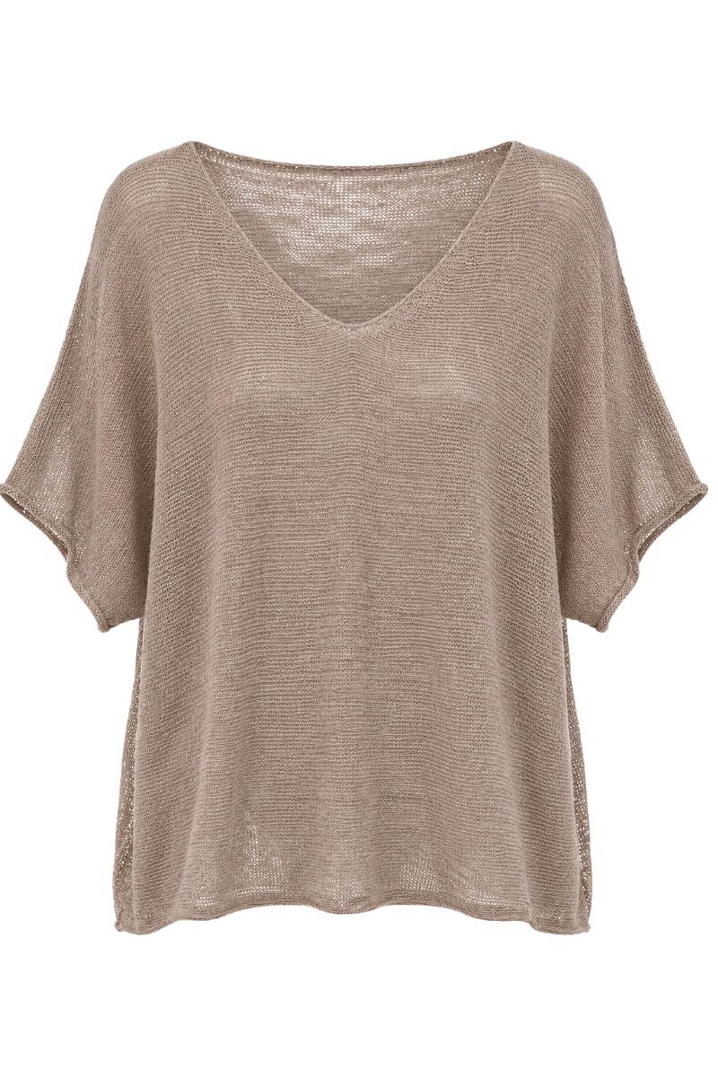 Leichtes Strickshirt mit V-Ausschnitt - kurzarm