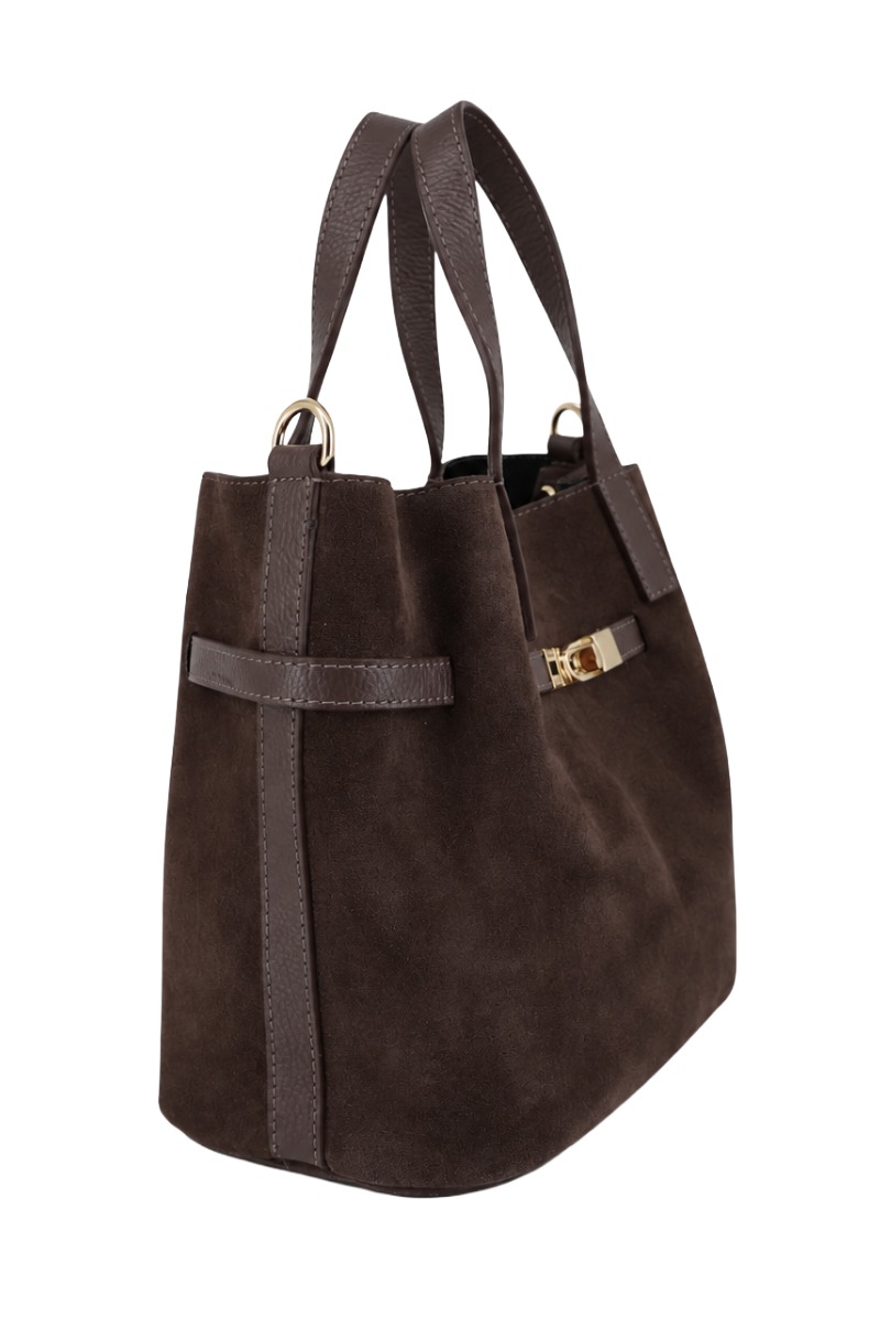 Wildleder Henkel-Tasche mit Drehverschluss & Lederriemen