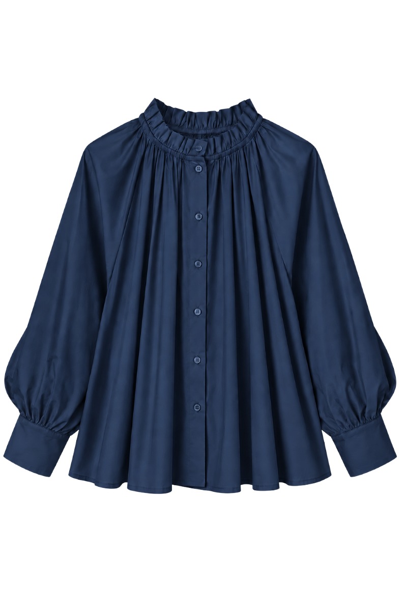 Bluse mit Rüschen-Stehkragen & fein gerafftem Pump Ärmel