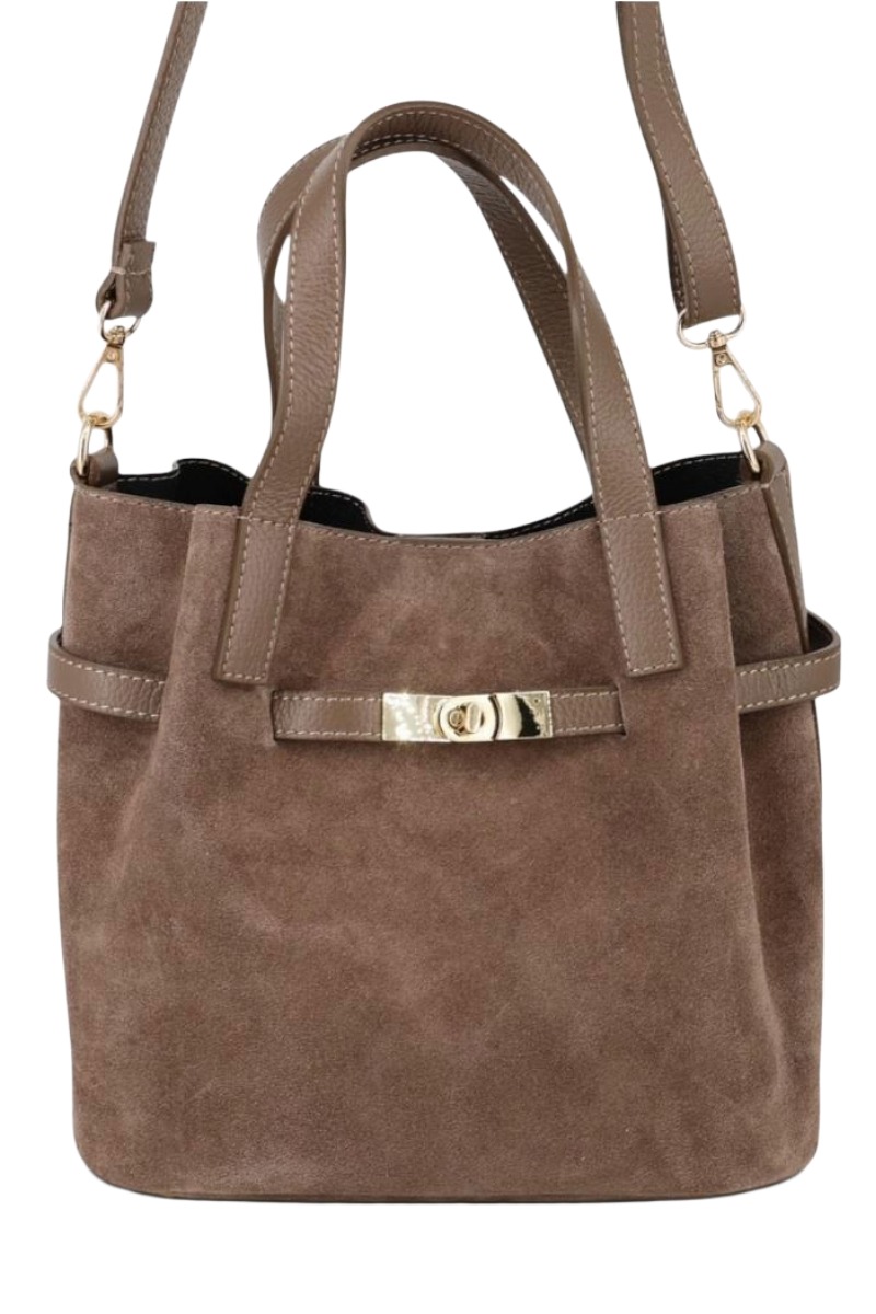 Wildleder Henkel-Tasche mit Drehverschluss & Lederriemen