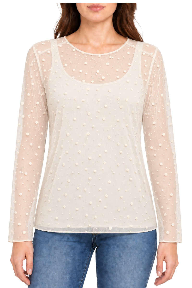 Leicht transparentes Mesh-Shirt mit Samt-Punkten