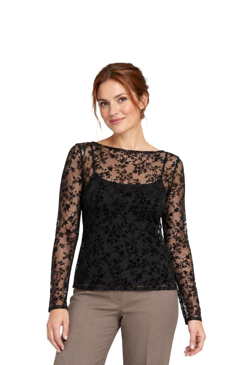 Leicht transparentes Mesh-Shirt mit Samt-Blumenmuster