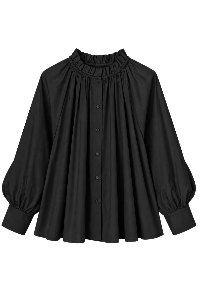 Bluse mit Rüschen-Stehkragen & fein gerafftem Pump Ärmel