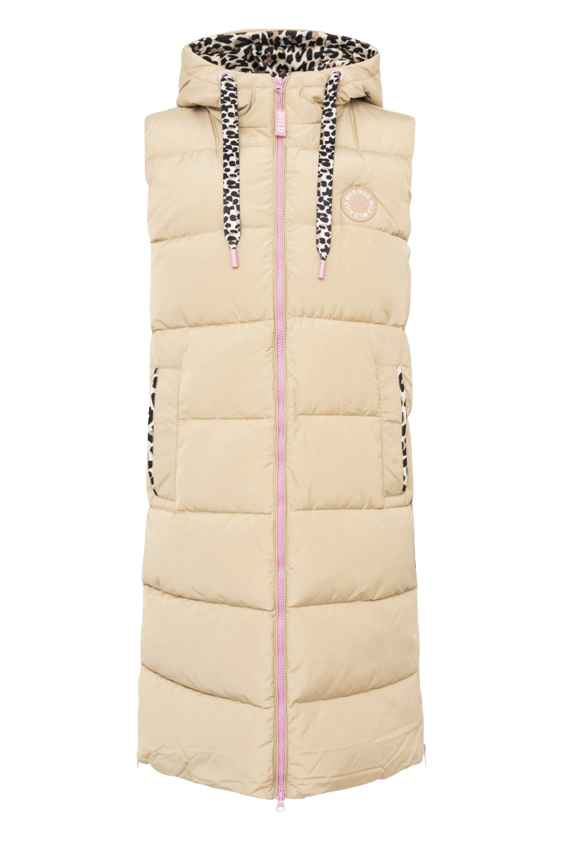Zwillingherz Damen Long-Steppweste „Wild“ – Beige mit Leo-Details