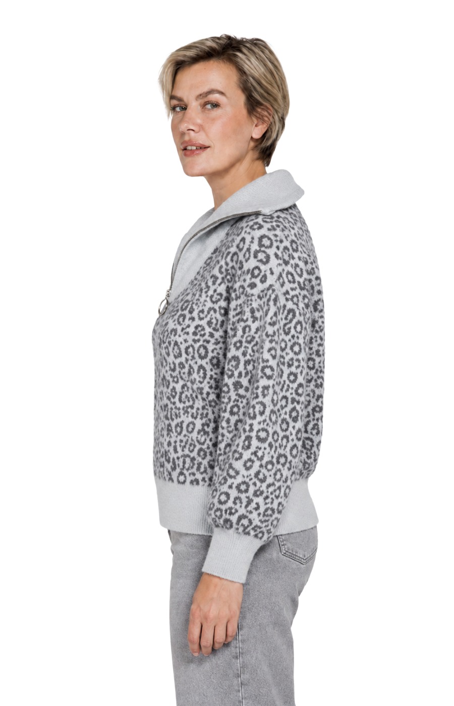 Zhrill Olina Strickpullover – Animal-Print mit Troyerkragen