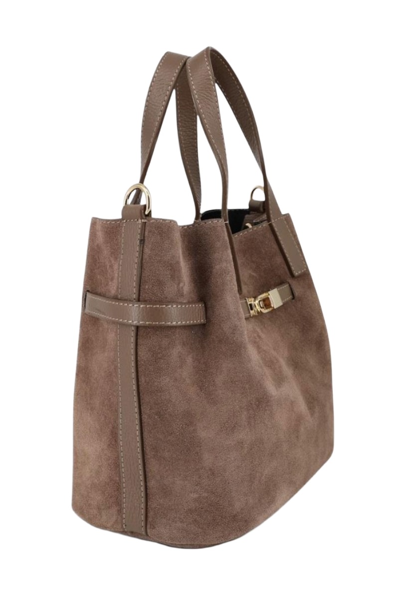 Wildleder Henkel-Tasche mit Drehverschluss & Lederriemen