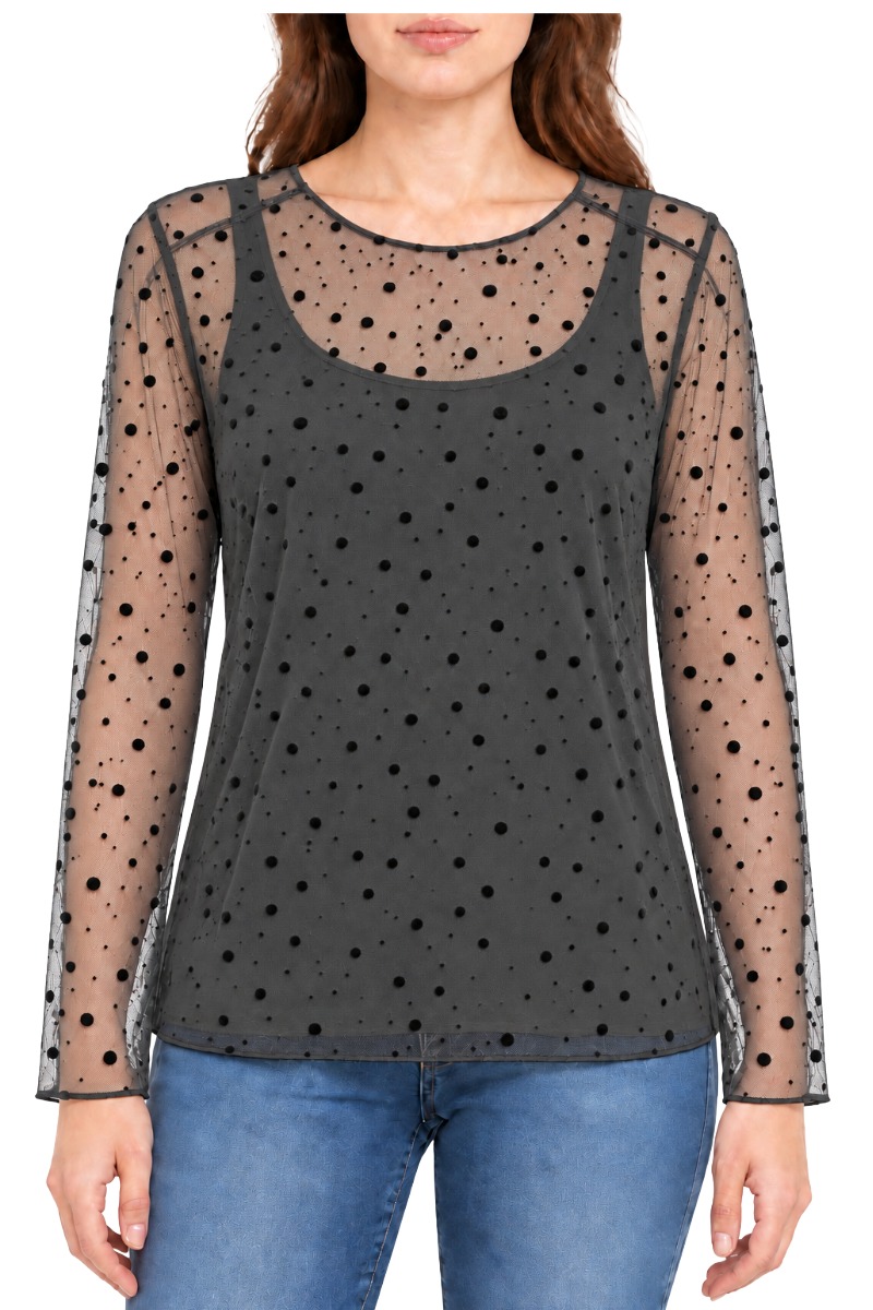 Leicht transparentes Mesh-Shirt mit Samt-Punkten