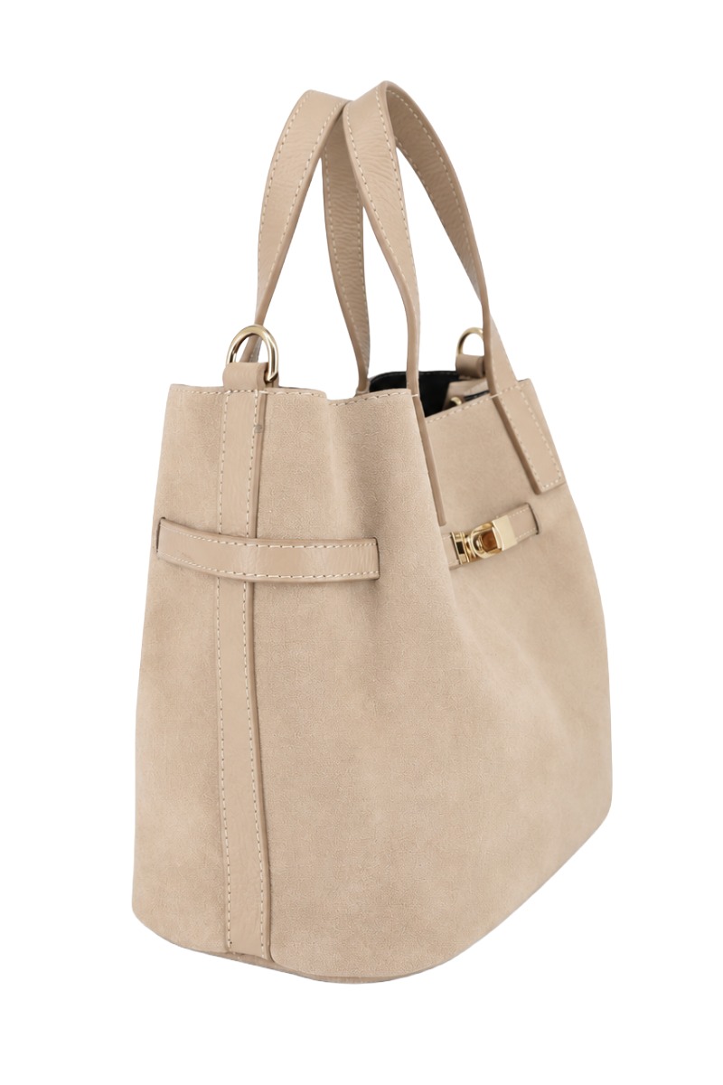 Wildleder Henkel-Tasche mit Drehverschluss & Lederriemen