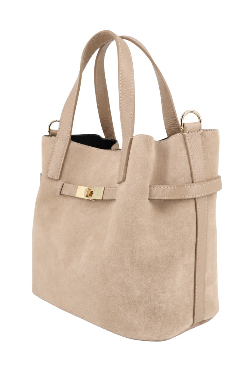 Wildleder Henkel-Tasche mit Drehverschluss & Lederriemen