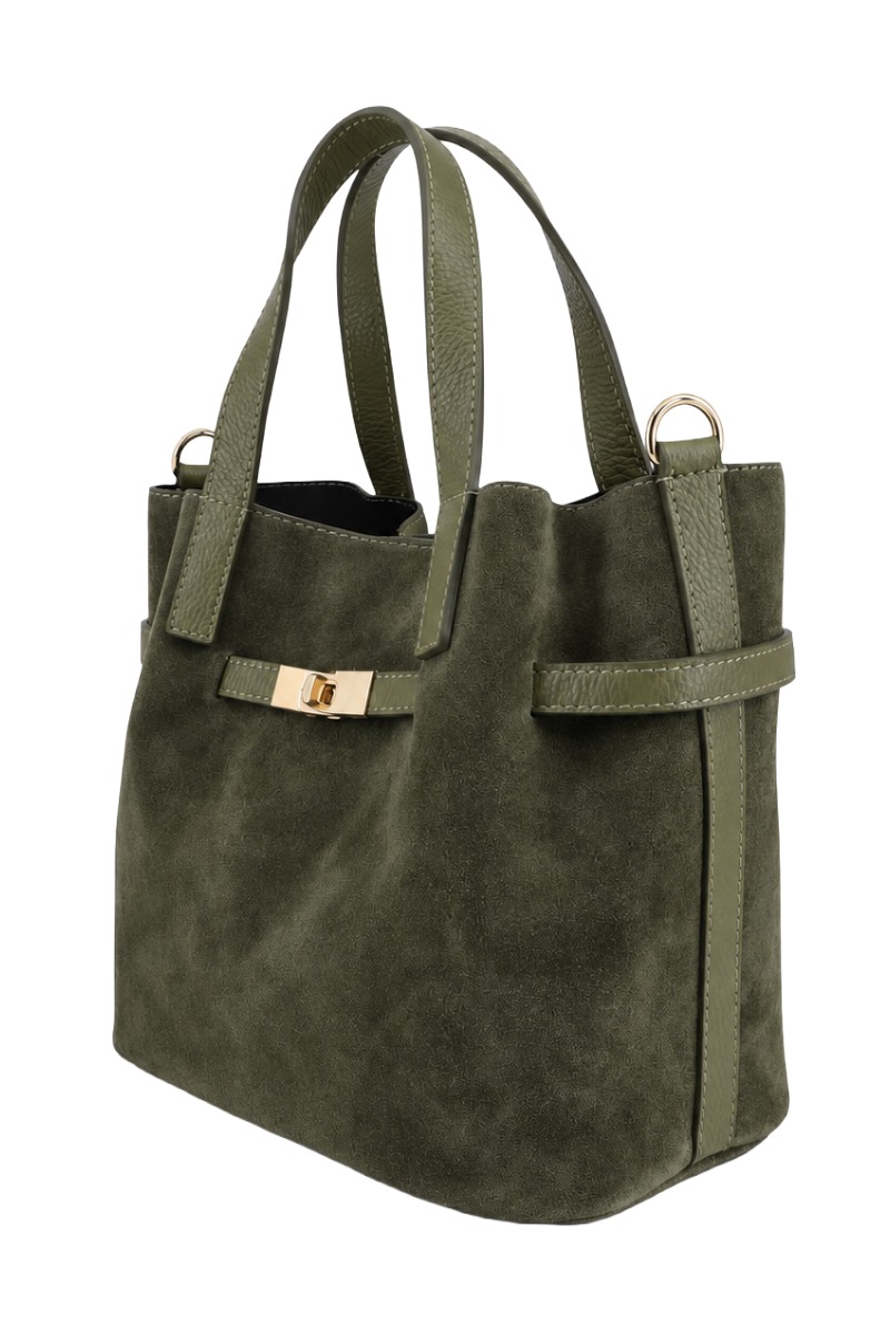 Wildleder Henkel-Tasche mit Drehverschluss & Lederriemen