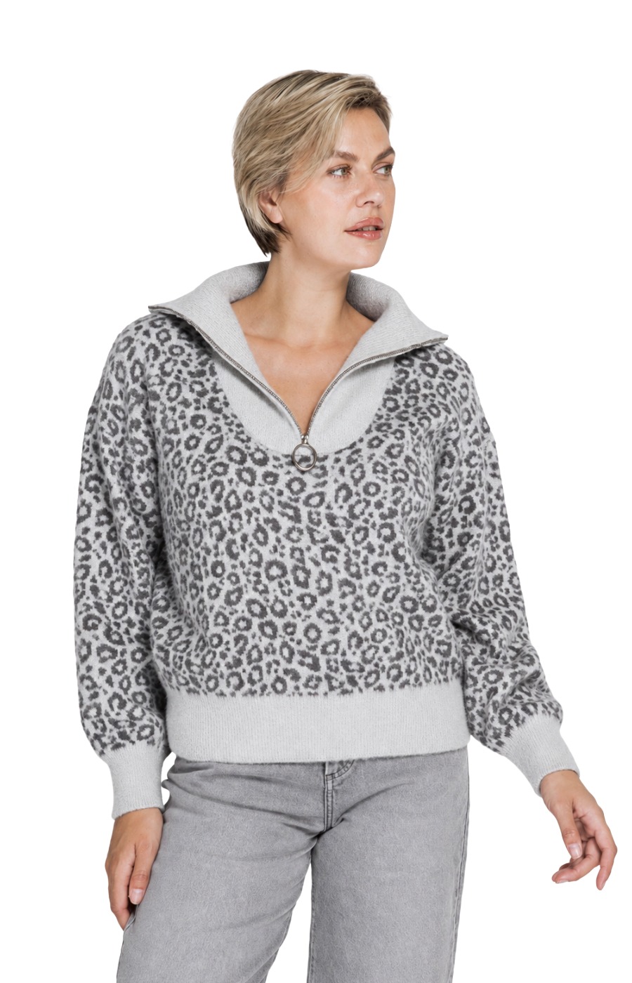 Zhrill Olina Strickpullover – Animal-Print mit Troyerkragen