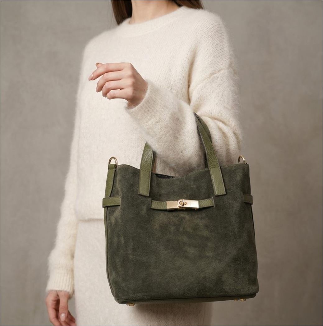 Wildleder Henkel-Tasche mit Drehverschluss & Lederriemen