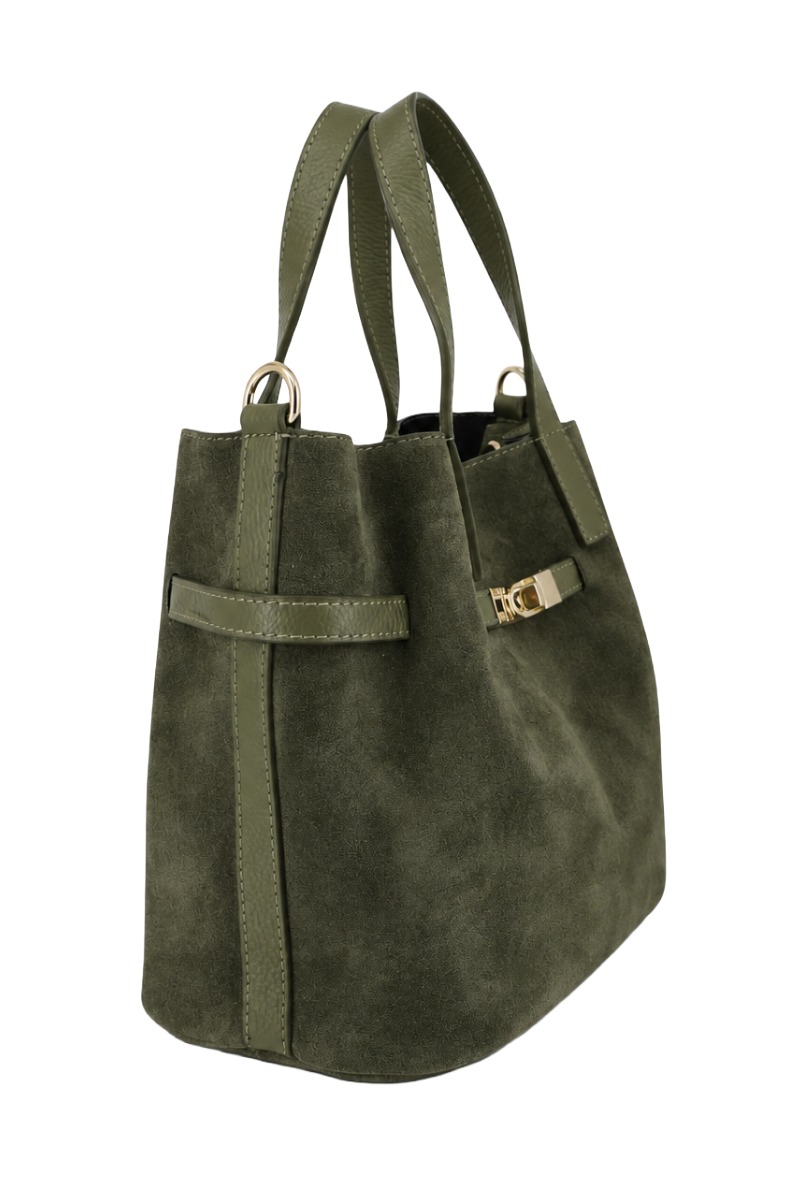 Wildleder Henkel-Tasche mit Drehverschluss & Lederriemen