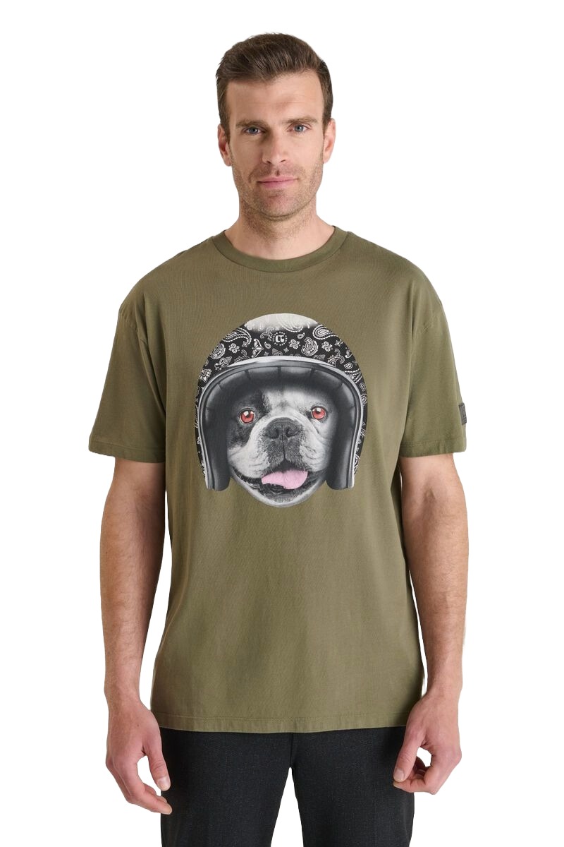 Herren T-Shirt mit Motiv in Olive mit Print vom Hund mit Helm von Le Temps des Cerises